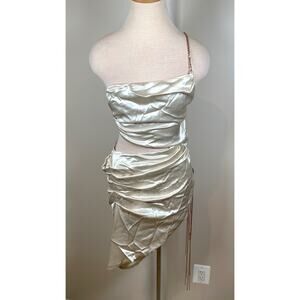 RETROFETE One Shoulder Cutout Asymmetrical Gold Fringe White Mini Dress Sz S